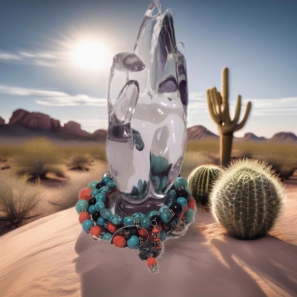 Desert Sunset Western Multi-Wrap Memory Wire Bracelet in Teal, Coral, and Onyx - Picture 1 of 9